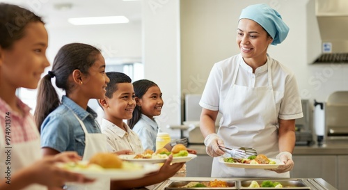 Happy Chef Serving Food to Children in a School Cafeteria