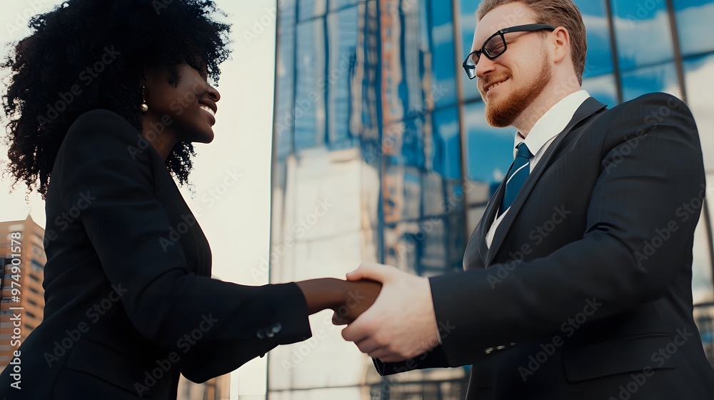 Smiling businesswoman shakes hands with a businessman. Smiling businesswoman shakes hands with a businessman.