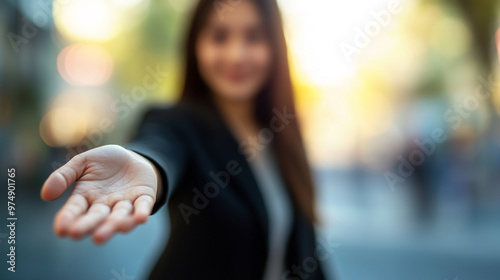 A professional HR recruiter reaches out with an inviting handshake, symbolizing new opportunities, trust, and a welcoming work environment. The background is blurred, emphasizing the gesture of connec