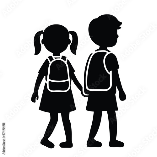 two Happy siblings Children with backpacks going to the school, vector silhouette 