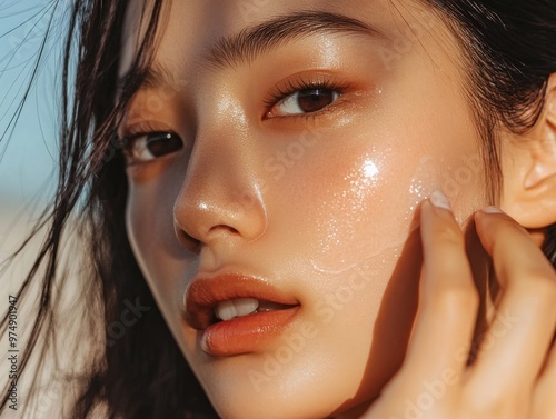 Close up of a young Asian woman cosmetic serum
