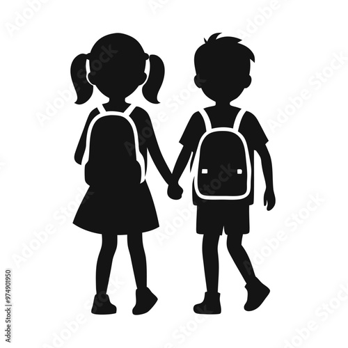 two Happy siblings Children with backpacks going to the school, vector silhouette 