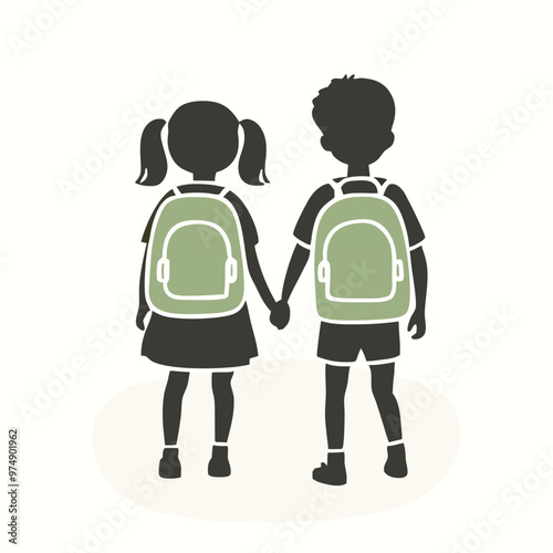 two Happy siblings Children with backpacks going to the school, vector silhouette 