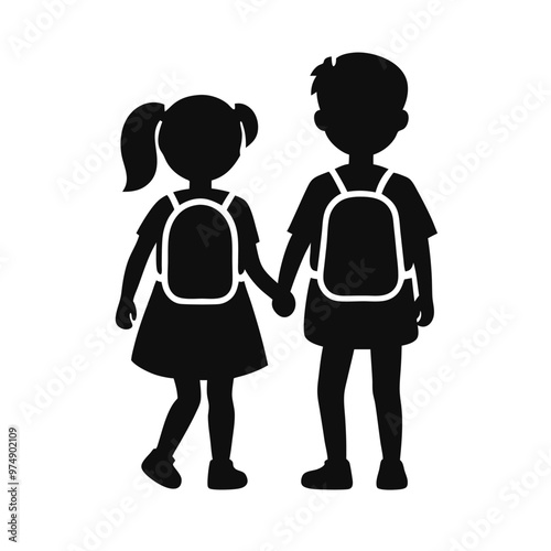 two Happy siblings Children with backpacks going to the school, vector silhouette 