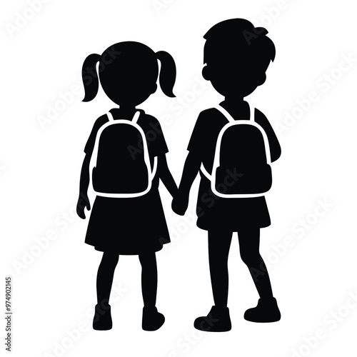 two Happy siblings Children with backpacks going to the school, vector silhouette 