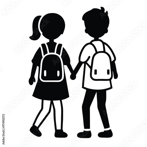 two Happy siblings Children with backpacks going to the school, vector silhouette 