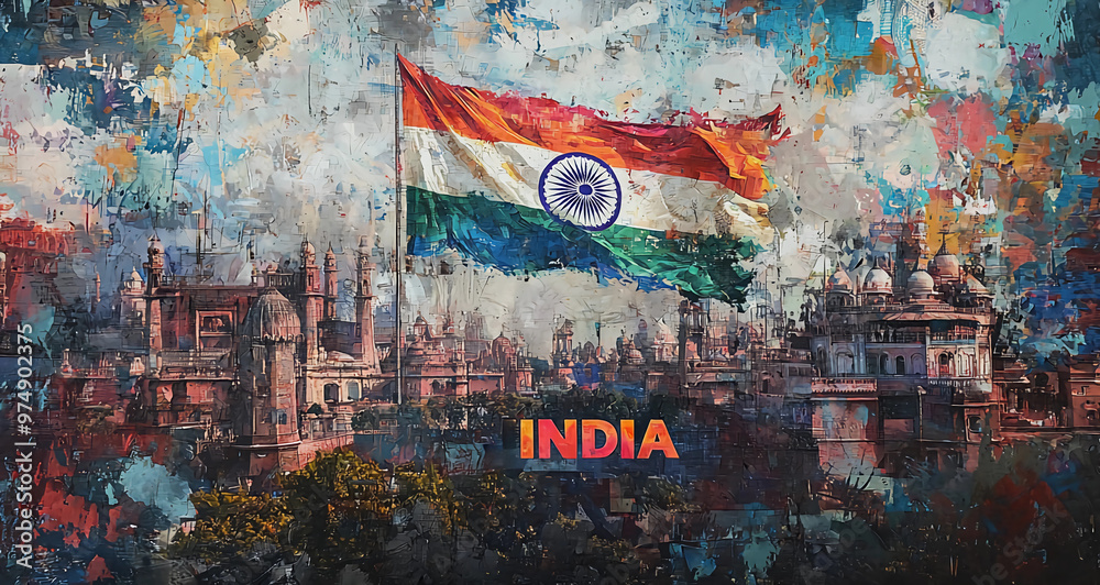 Obraz premium Graffiti image of Indian flag and monumental buildings on a colorful backwall of city streets with 