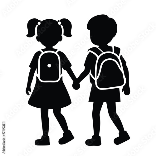 two Happy siblings Children with backpacks going to the school, vector silhouette 
