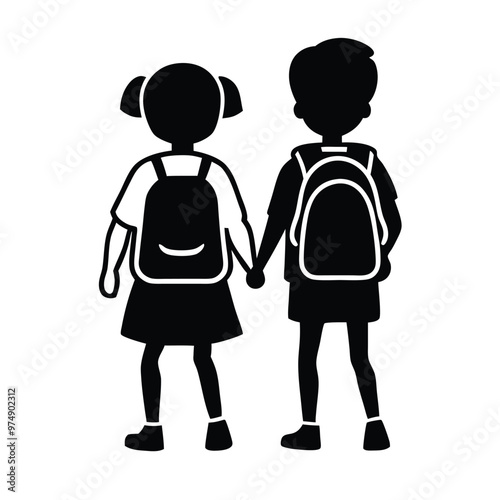 two Happy siblings Children with backpacks going to the school, vector silhouette 