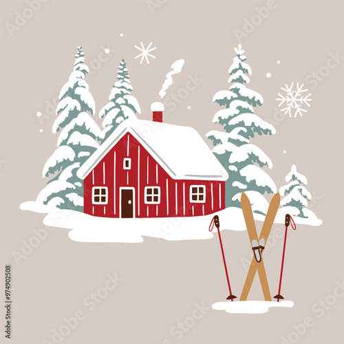 Hand drawn vector snowy woodhouse and ski equipment. Perfect for greeting card, poster, invitation or clip art. EPS 10 vector file.
