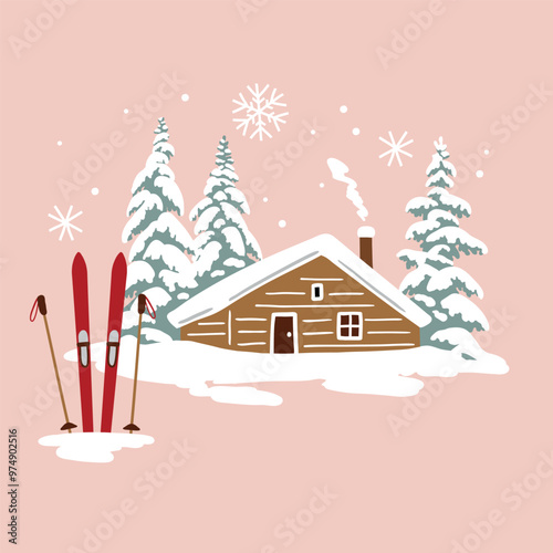 Hand drawn vector snowy woodhouse and ski equipment. Perfect for greeting card, poster, invitation or clip art. EPS 10 vector file.