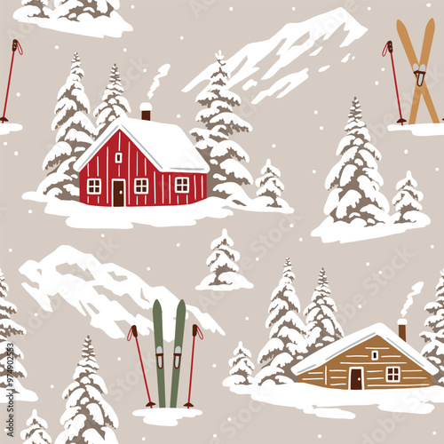 Seamless vector pattern with snowy woodhouse and ski equipment. Hand drawn winter forest landscape. EPS 10 vector file. Perfect for textile, wallpaper or print design.
