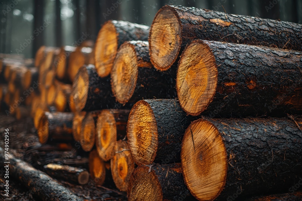 A wide banner or panorama showcasing a pile of log trunks, highlighting the timber harvesting process in the forest and the logging industry........ A wide banner or panorama showcasing a pile of log trunks, highlighting the timber harvesting process in the forest and the logging industry........