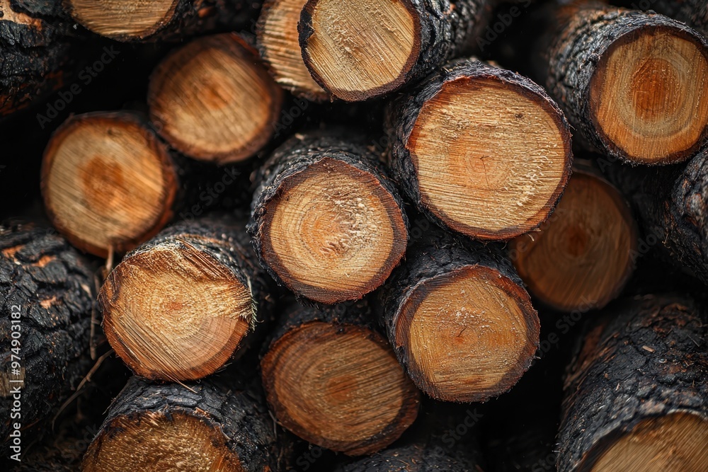 A wide banner or panorama showcasing a pile of log trunks, highlighting the timber harvesting process in the forest and the logging industry........ A wide banner or panorama showcasing a pile of log trunks, highlighting the timber harvesting process in the forest and the logging industry........