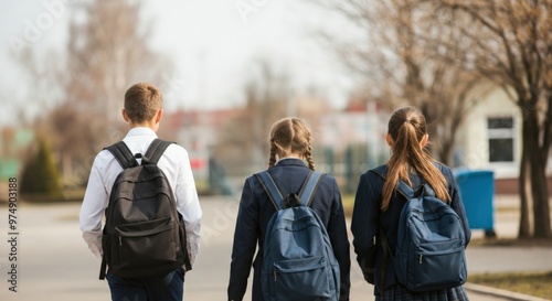 Back to school: Three students walking with backpacks