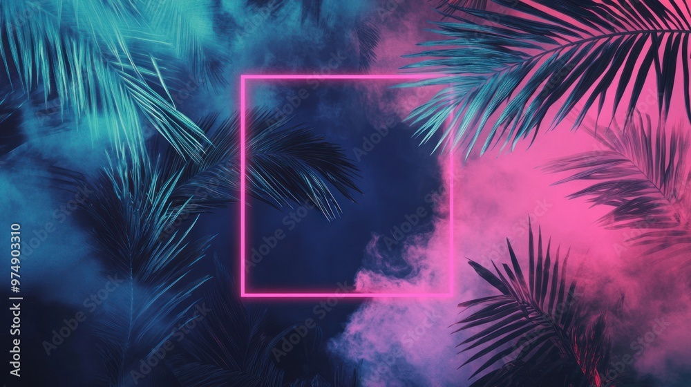 Neon Pink Frame and Palm Leaves with Smoke Neon Pink Frame and Palm Leaves with Smoke