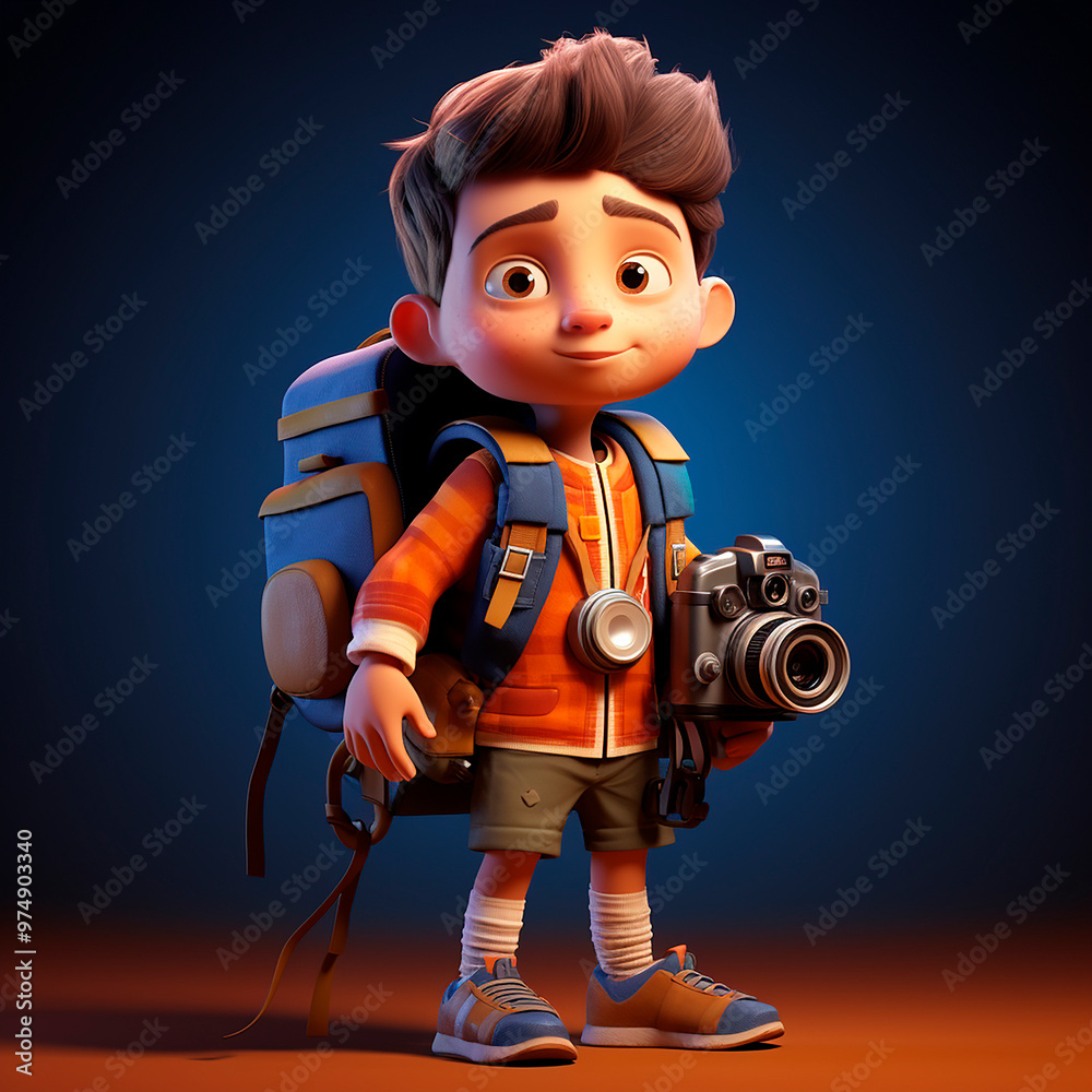 a Little Boy with backpack and holding a camera a Little Boy with backpack and holding a camera