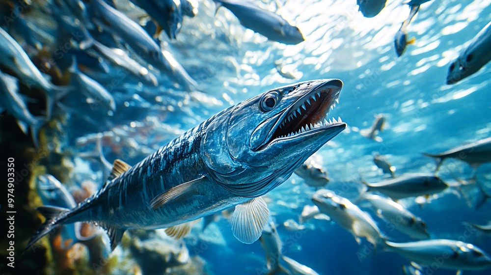 A barracuda with sharp teeth swims through a school of smaller fish in a blue aquarium. A barracuda with sharp teeth swims through a school of smaller fish in a blue aquarium.