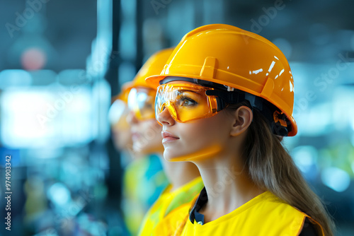 A Focused female worker wearing a yellow hard hat and protective goggles in an industrial or construction setting, representing safety, professionalism, and modern workforce diversity.