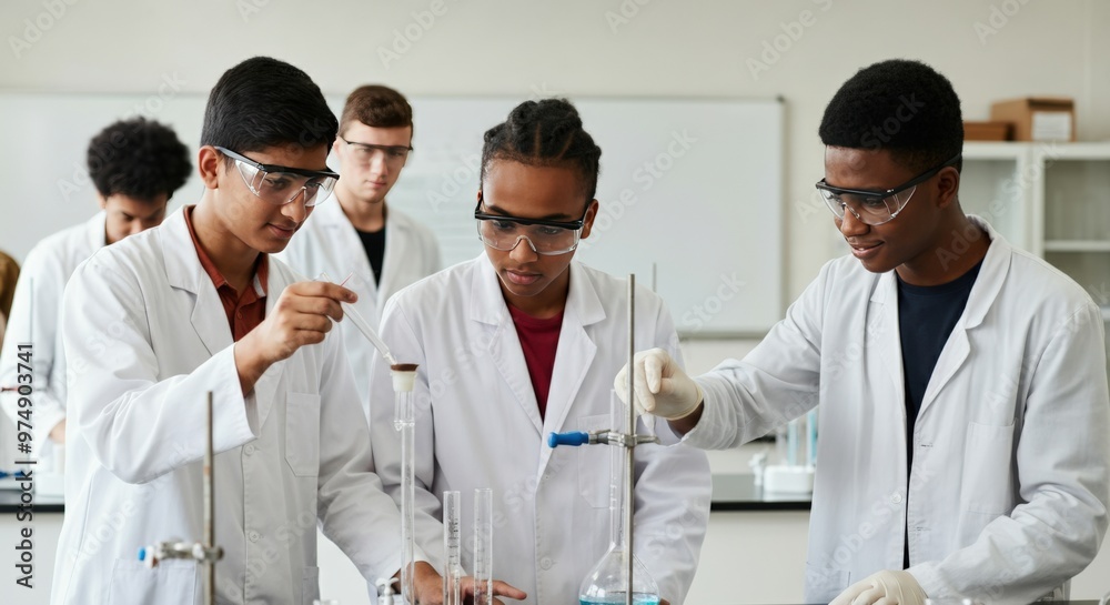 Diverse group of students doing chemistry experiment in lab. Diverse group of students doing chemistry experiment in lab.