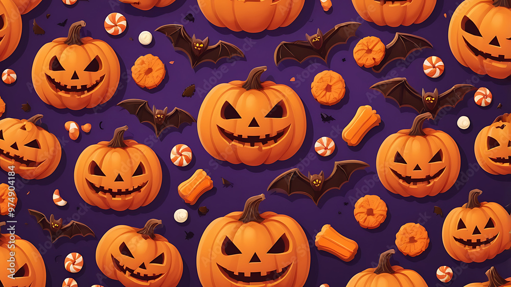 Halloween pumpkins, bats ans holiday sweets. Autumn horror holiday, Halloween season event vector backdrop with scary Jack o lantern carved faces, flying bats, creepy candy and cookie treats desserts Halloween pumpkins, bats ans holiday sweets. Autumn horror holiday, Halloween season event vector backdrop with scary Jack o lantern carved faces, flying bats, creepy candy and cookie treats desserts