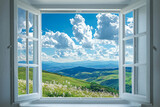 A serene view from an open window reveals breathtaking landscape with rolling hills and vibrant clouds. gentle breeze brings sense of tranquility and connection to nature