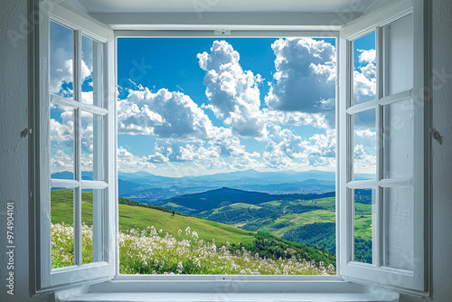A serene view from an open window reveals breathtaking landscape with rolling hills and vibrant clouds. gentle breeze brings sense of tranquility and connection to nature