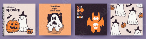 Happy Halloween set of cute hand drawn vector cartoon cards or web banners with ghosts, bat, pumpkin, and Halloween wishes. Trendy doodle flat design for decoration, ads, greetings, poster, cover