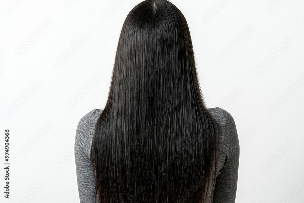 Fototapeta premium A rearview shot of a young woman with long, silky dark hair, set against a white isolated background........