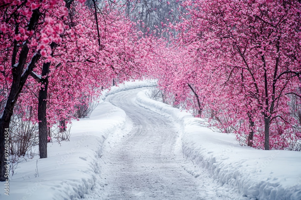 Obraz premium A snow-covered path winds through trees adorned with pink blossoms, creating a striking contrast on a cold winter day..