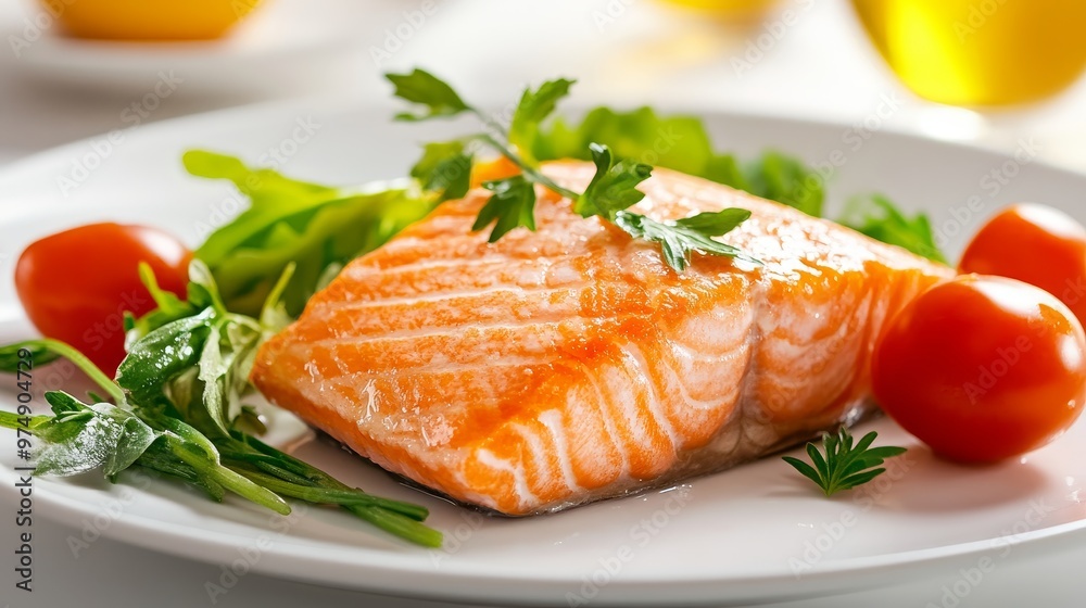 A beautifully plated grilled salmon fillet with fresh greens and cherry tomatoes, showcasing a healthy and delicious meal. The salmon is perfectly cooked and seasoned, while the greens and tomatoes ad A beautifully plated grilled salmon fillet with fresh greens and cherry tomatoes, showcasing a healthy and delicious meal. The salmon is perfectly cooked and seasoned, while the greens and tomatoes ad