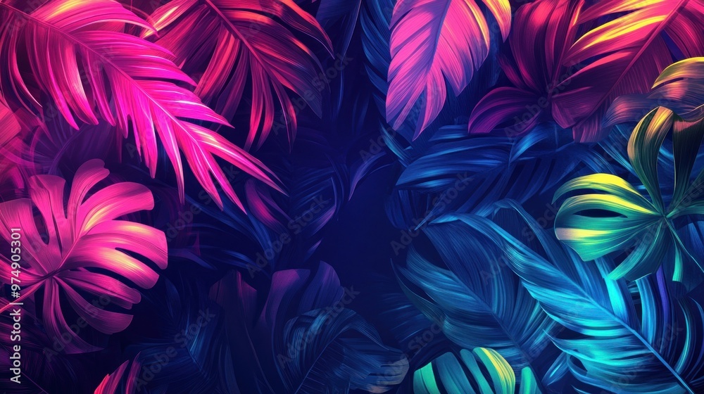 Vibrant Neon Tropical Leaves Pattern