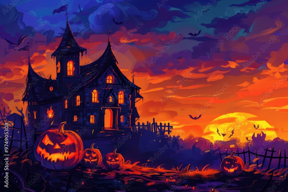Eerie Mansion at Dusk on a Spooky Halloween Night.. Eerie Mansion at Dusk on a Spooky Halloween Night..