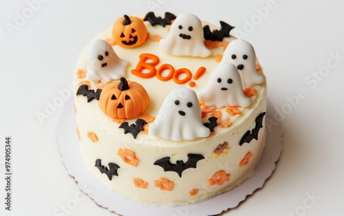 Cute Halloween-themed round cake decorated with pastel ghosts, tiny pumpkins, and cheerful bats for a festive celebration photo