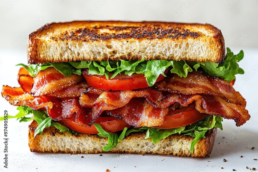 A toasted BLT sandwich on a white surface, featuring layers of crispy bacon, fresh lettuce, and juicy tomatoes, offering a classic and delicious bite.. A toasted BLT sandwich on a white surface, featuring layers of crispy bacon, fresh lettuce, and juicy tomatoes, offering a classic and delicious bite..
