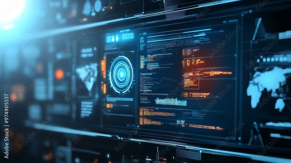 A close-up of a futuristic digital interface displaying data, code, and a world map, symbolizing global connectivity, technology, innovation, analysis, and progress. A close-up of a futuristic digital interface displaying data, code, and a world map, symbolizing global connectivity, technology, innovation, analysis, and progress.