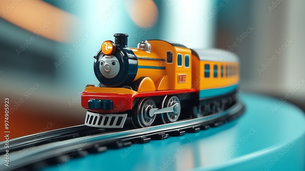 Obraz premium A colorful toy train locomotive on a track, symbolizing childhood, imagination, adventure, playtime, and nostalgia.