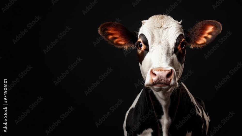 A curious black and white cow stares directly at the camera, its large, expressive eyes and friendly demeanor radiating warmth. The cow's black and white markings create a striking contrast against th A curious black and white cow stares directly at the camera, its large, expressive eyes and friendly demeanor radiating warmth. The cow's black and white markings create a striking contrast against th