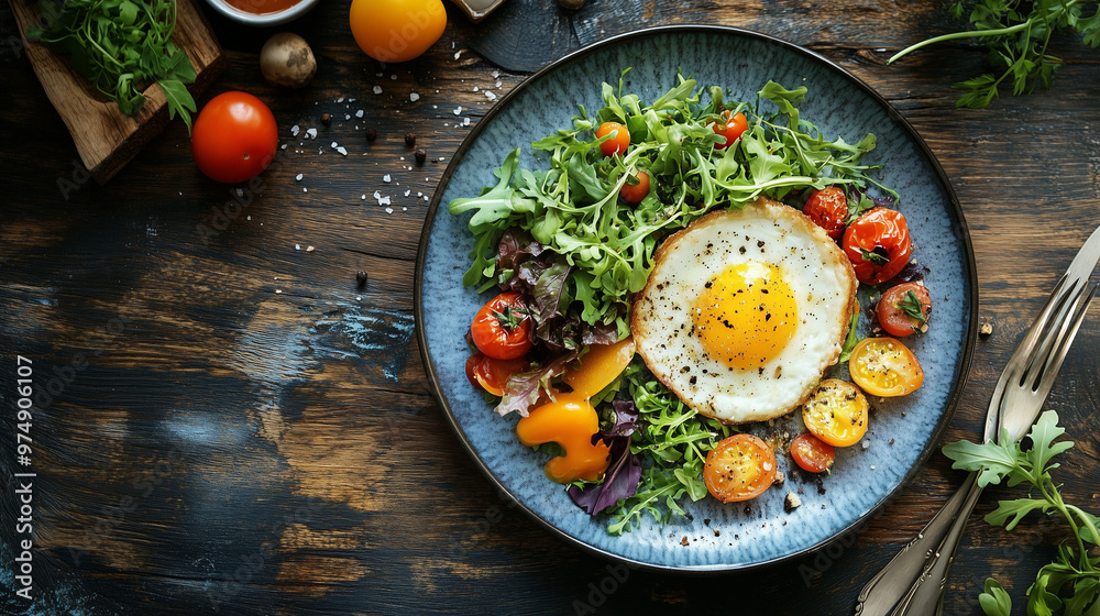 Scrambled Eggs with Herbs and Vegetables on a Plate - Top View on Wooden Table Scrambled Eggs with Herbs and Vegetables on a Plate - Top View on Wooden Table
