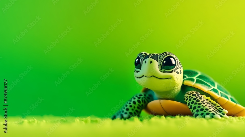 Fototapeta premium A cute, cartoon-style green turtle with large eyes and a friendly smile, sitting on a green background. It symbolizes childhood innocence, slow pace of life, and gentle nature.