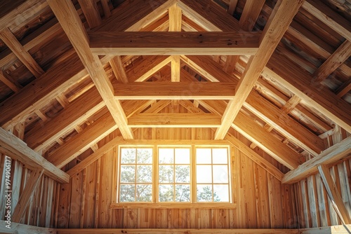 A wooden frame structure of a house in the process of construction, showcasing beams, supports, and the building foundation in a development site..