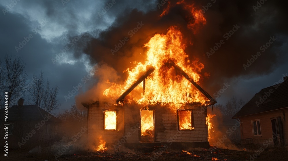 A dramatic and intense image of a house engulfed in flames, symbolizing loss, destruction, danger, fire, and the power of nature. A dramatic and intense image of a house engulfed in flames, symbolizing loss, destruction, danger, fire, and the power of nature.
