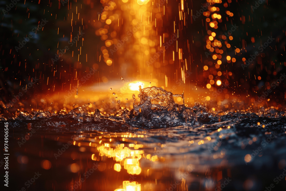 Captivating sunset reflections as raindrops create ripples in a tranquil water surface during evening hours in nature