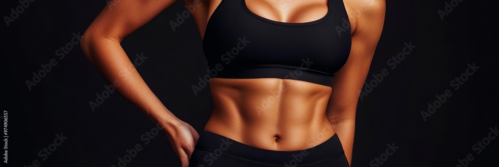 A fit woman in black sports bra and shorts showing off her toned abs and defined muscles. She exudes strength, confidence, and a healthy lifestyle. A fit woman in black sports bra and shorts showing off her toned abs and defined muscles. She exudes strength, confidence, and a healthy lifestyle.