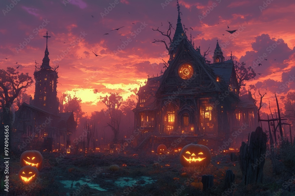 Orange Pumpkin Patch in Front of Haunted Gothic House.. Orange Pumpkin Patch in Front of Haunted Gothic House..