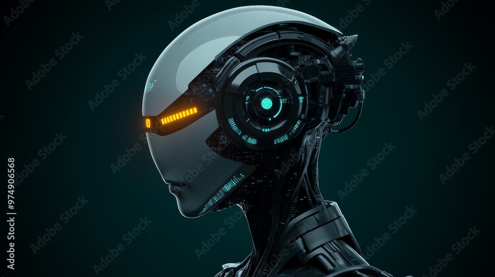 A futuristic humanoid robot with glowing eyes, showcasing the intersection of technology and human form. Symbolising artificial intelligence, robotics, future technology, innovation, and human evolut A futuristic humanoid robot with glowing eyes, showcasing the intersection of technology and human form. Symbolising artificial intelligence, robotics, future technology, innovation, and human evolut