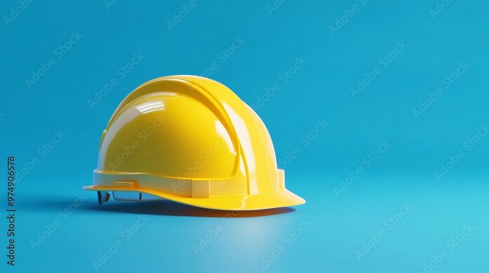 Fototapeta premium Yellow construction helmet on blue background, safety equipment concept