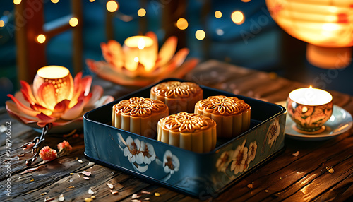 Mid-Autumn celebration at night, mooncakes and lotus seeds in food box, beautiful lanterns on ceramic table. photo