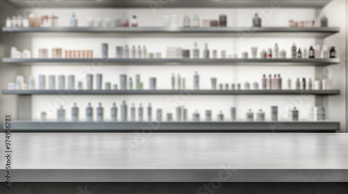 modern counter with clean lines, against blurred white shelves of pharmaceutical products. Represents organization, healthcare efficiency, and professionalism in a contemporary setting