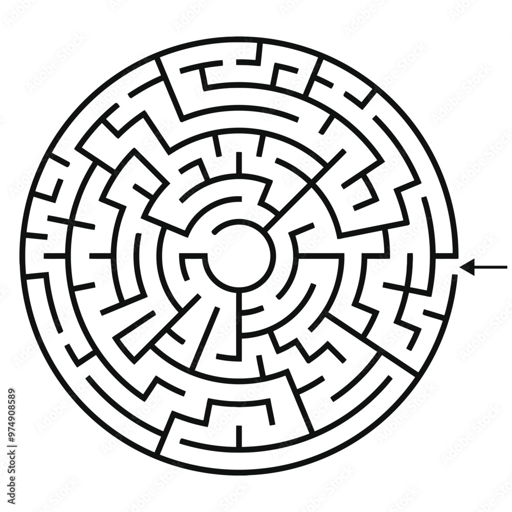 Round Easy Maze Game for Adults and Kids - Simple Flat Vector Black and White Outline Illustration Background is White Round Easy Maze Game for Adults and Kids - Simple Flat Vector Black and White Outline Illustration Background is White